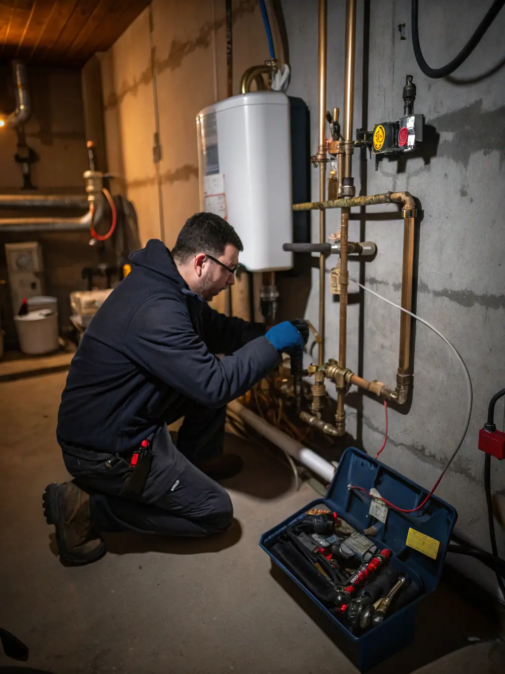 An experienced plumbing engineer working diligently on a complex plumbing system, showcasing the expertise and dedication of Apex Heating and Plumbing.