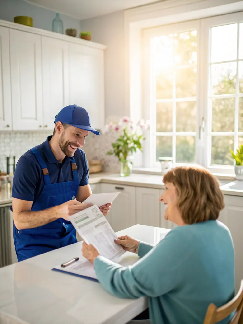 A customer smiling while receiving a bill with a clear breakdown of costs, showcasing the fixed pricing policy of Apex Heating and Plumbing.