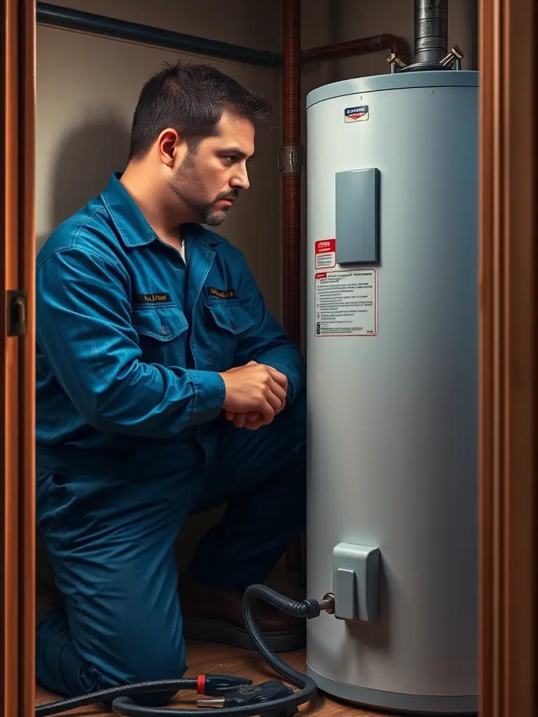 A central heating system with a plumber inspecting the boiler, highlighting Apex Heating and Plumbing's expertise in heating systems.