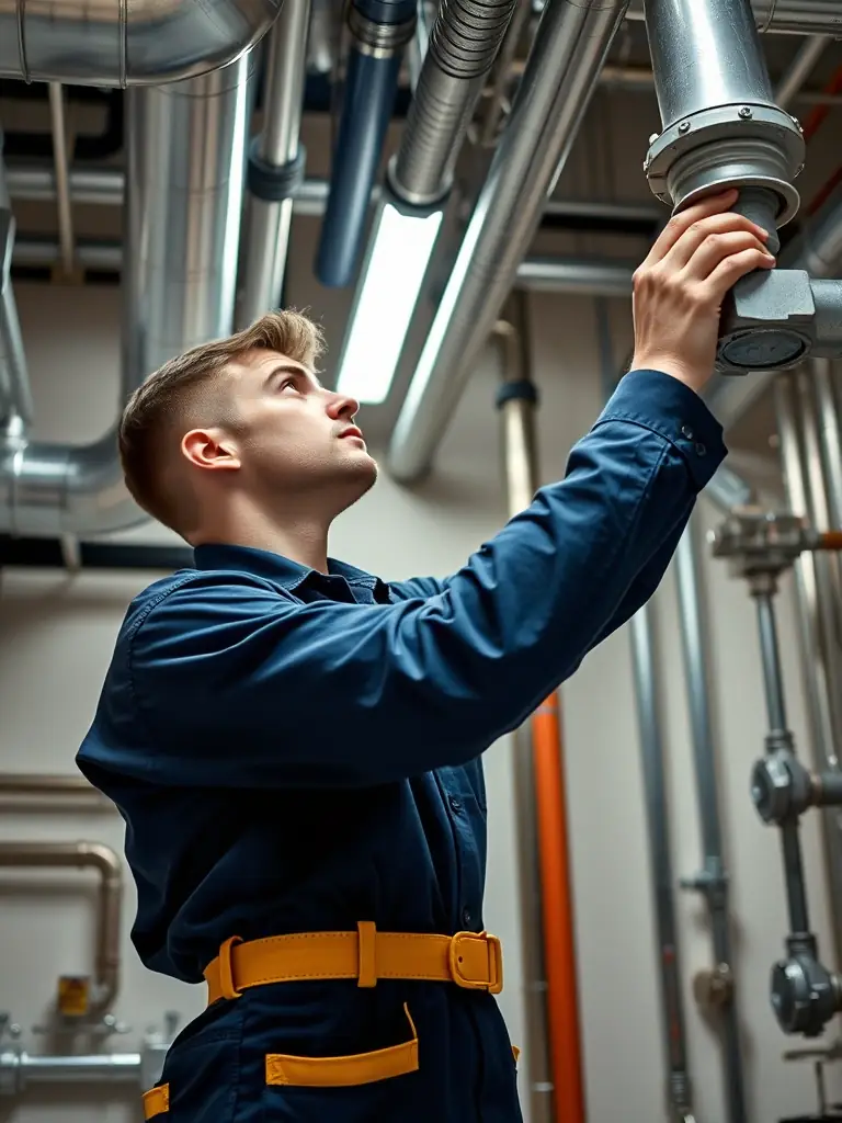 A plumber carefully examining a complex network of pipes with various diagnostic tools, highlighting the investigative approach of Apex Heating and Plumbing.