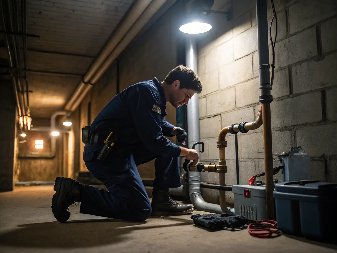 An engineer using diagnostic tools to inspect a complex plumbing system in a residential property.