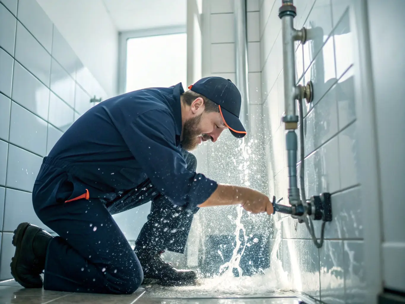 A plumber repairing a burst pipe in a residential home, showcasing emergency plumbing services.