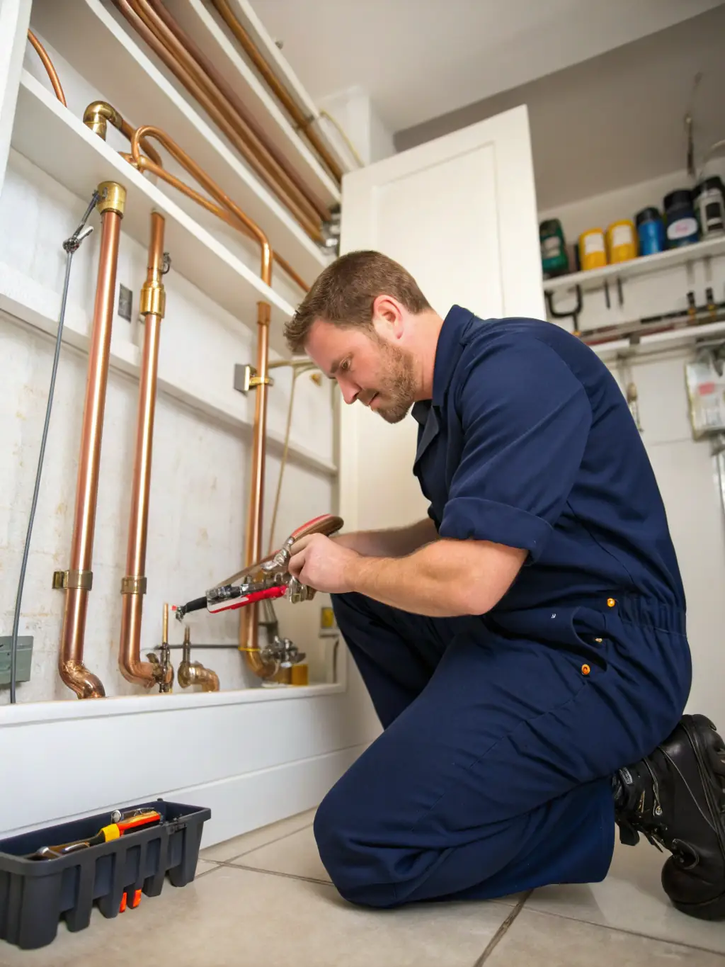 A plumber using diagnostic equipment to find a leak in a residential water pipe, showcasing Apex Heating and Plumbing's diagnostic skills.